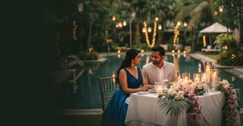 Couple celebrating anniversary at luxury anniversary celebration resorts Bangalore surrounded by nature and romantic decor