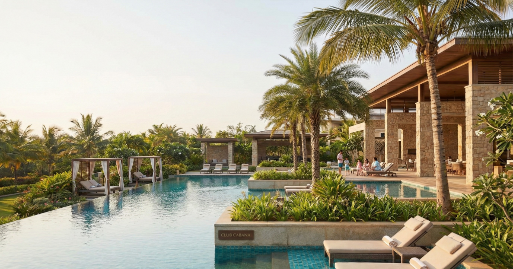 Visitors enjoying a peaceful day at Club Cabana, one of the top resorts in Bangalore