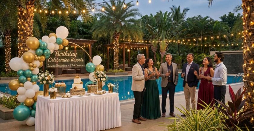 Birthday celebration at a resort in Bangalore with decorations, cake, and party setup
