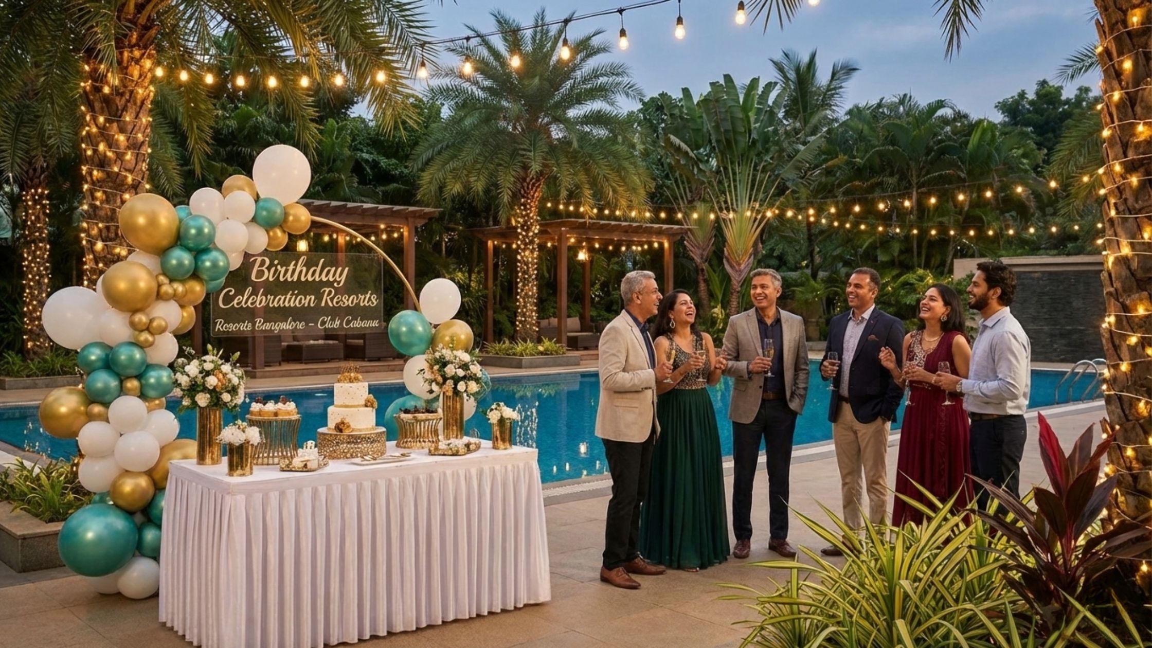 Birthday celebration at a resort in Bangalore with decorations, cake, and party setup