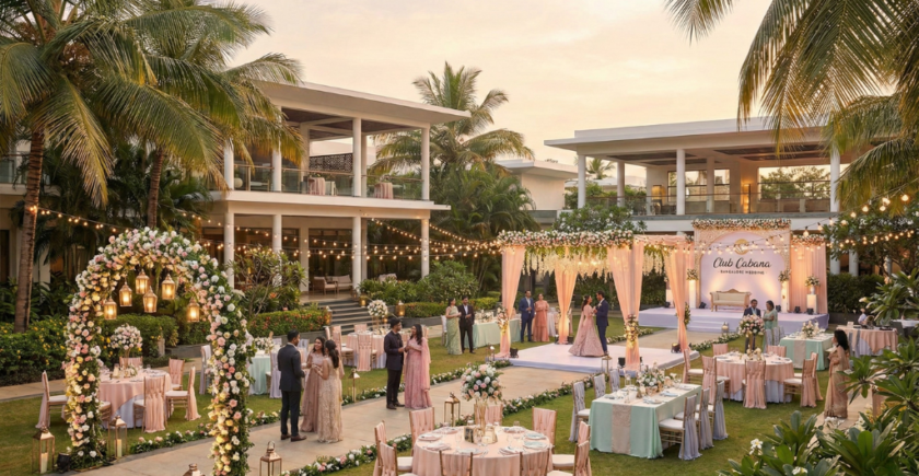 Beautiful resort setup for a destination wedding in Bangalore with mehndi and reception décor