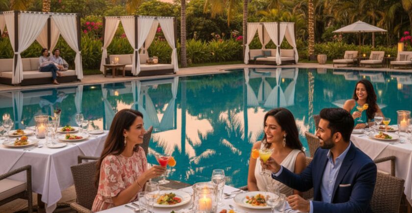 Poolside dining Bangalore at luxury resorts with scenic pool views and fine dining