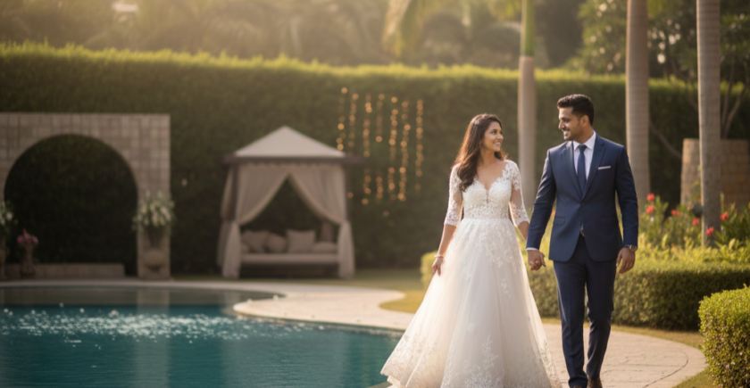 Couple enjoying a Pre-Wedding Shoot in Bangalore at Club Cabana with scenic backdrops