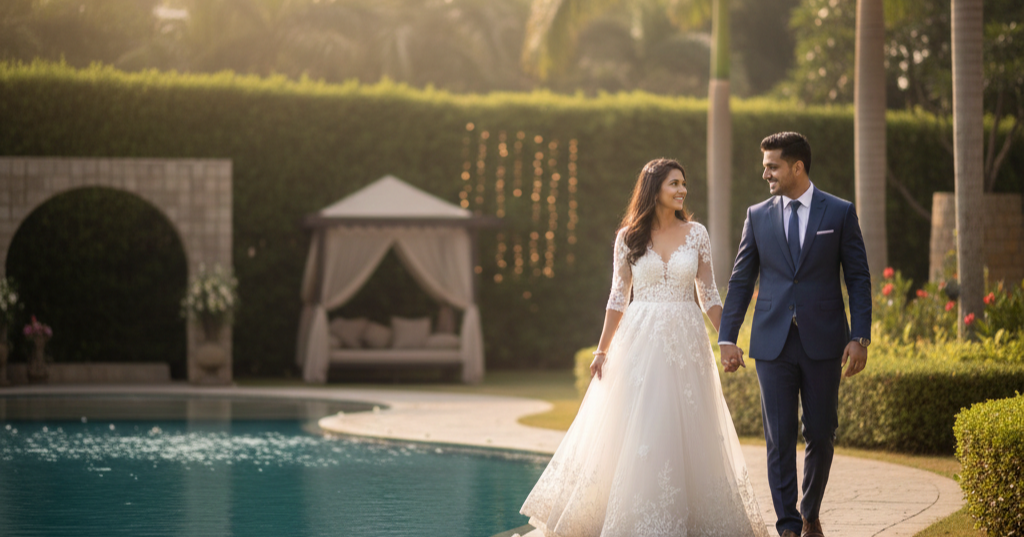 Couple enjoying a Pre-Wedding Shoot in Bangalore at Club Cabana with scenic backdrops