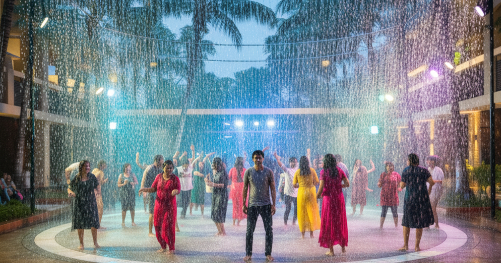People enjoying a fun and energetic rain dance in Bangalore with music and lights