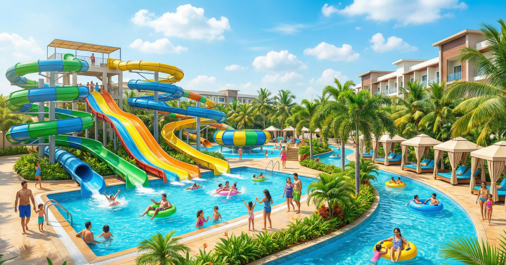 Families enjoying fun rides at Water Park Resorts in Bangalore
